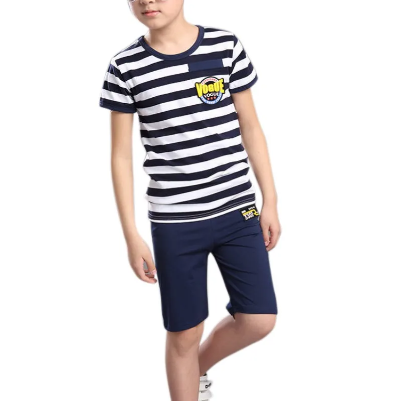 Летние Детские хлопковые комплекты из 2 предметов в полоску с короткими рукавами