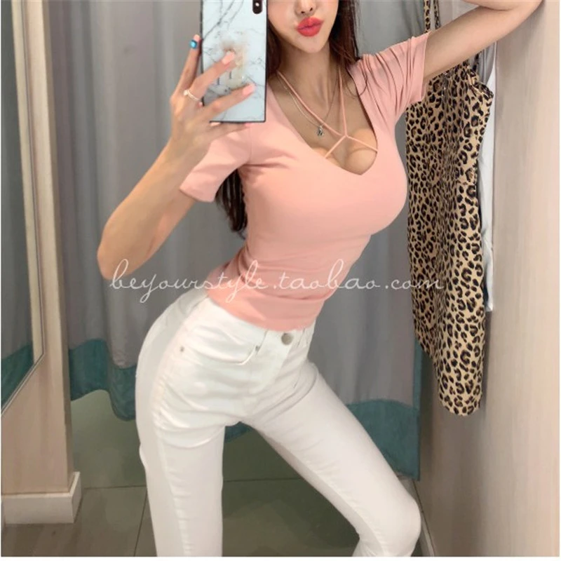 Новый летний топ Сексуальная футболка Женская эластичная Женский в Корейском