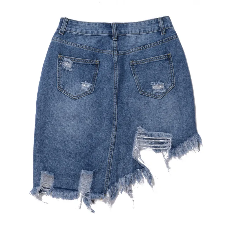 

Summer New Ladies Denim Skirts Womens Dissymmetry Personality Rough Edge Slimming High Waist Wrap Hip Skirt