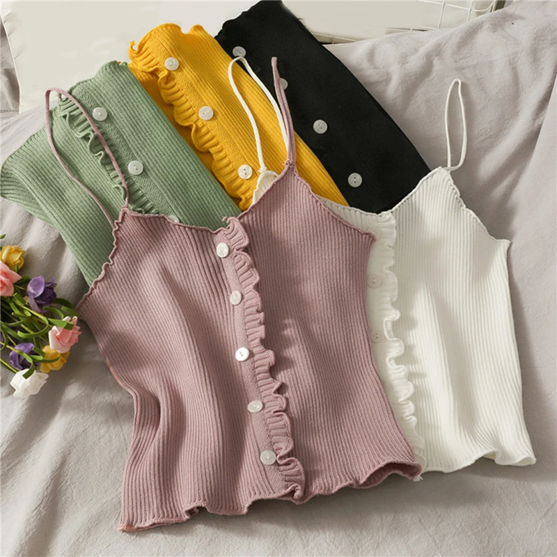 

New Girls Strapless Trim Stitching Short Vest Chic Summer Tops Candy Color All-match Single-breasted Knitted Thin Camisole