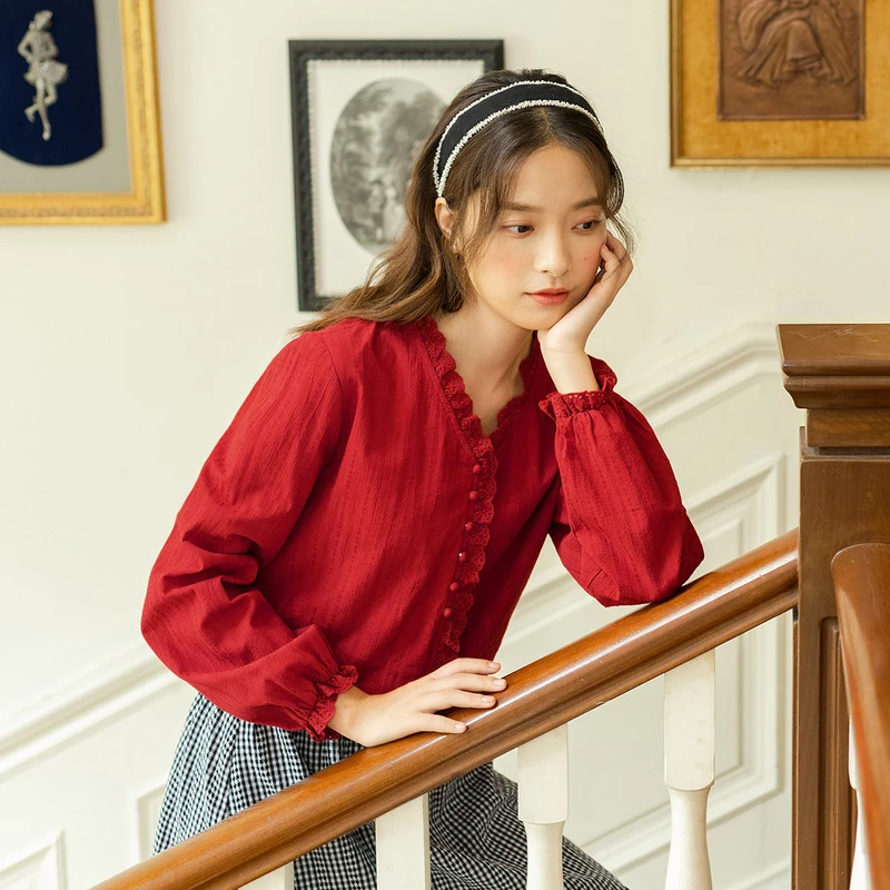 INMAN весенне-осенняя Милая кружевная блузка в стиле ретро с v-образным вырезом и