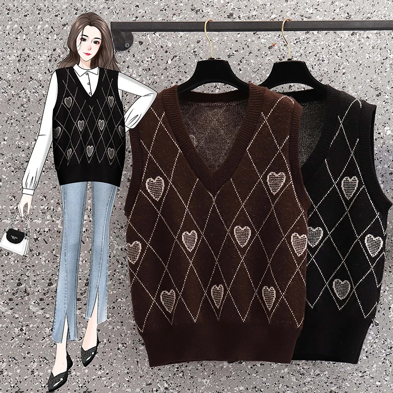 Милый жилет в клетку с сердечками, модные пуловеры больших размеров в Корейском стиле для осени, женская одежда, женские свитера