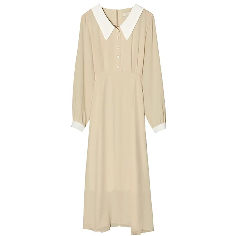 

2021 Spring and Autumn New French Style Retro Minority Chiffon Shirt Dress Tight Waist Temperament Women's Small College Style