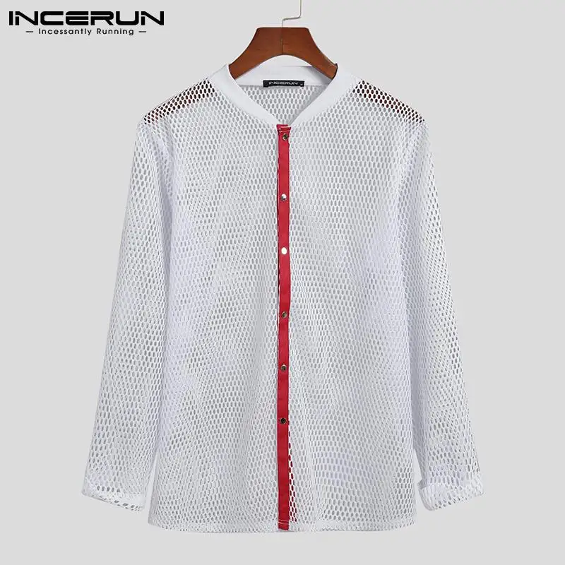 

Men Shirt Patchwork Long Sleeve Button Mesh See Through Streetwear Men Clothing 2021 Breathable Sexy Casual Camisa S-5XL INCERUN