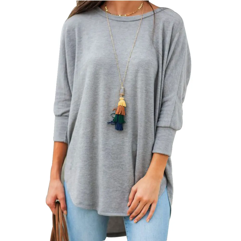 Осенние женские футболки с асимметричным подолом однотонные круглым воротником