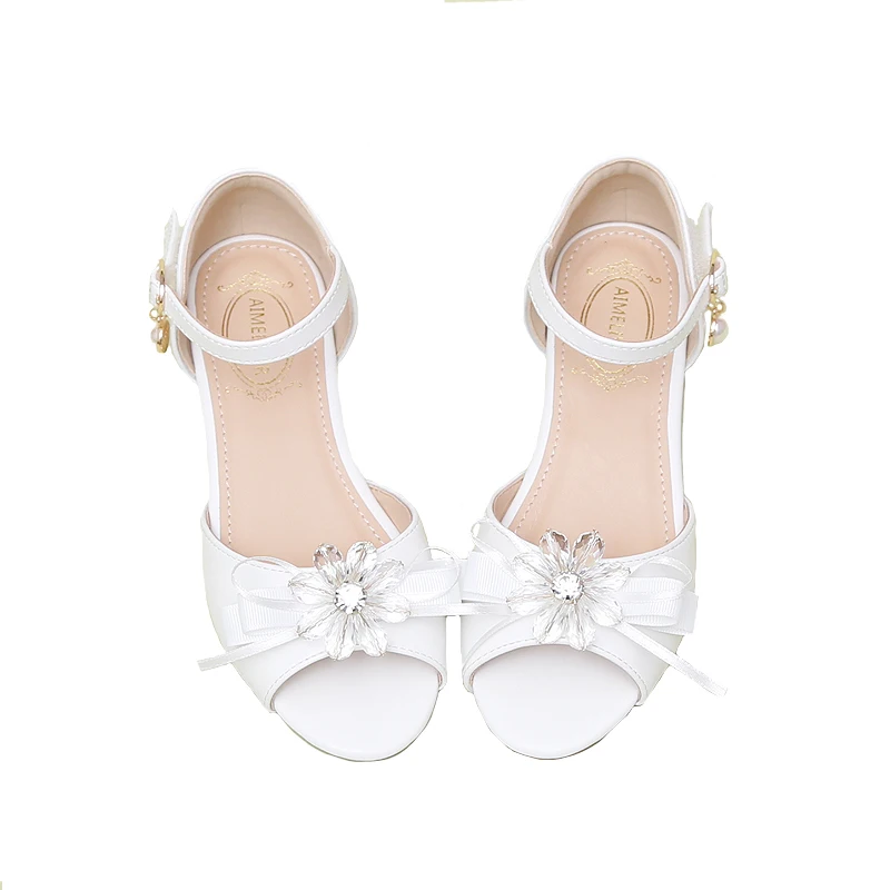 

Sweet White Open Toe Girl's Sandals Straight Line Princess Bow Dance Host Korean Crystal Flower Children's Shoes New