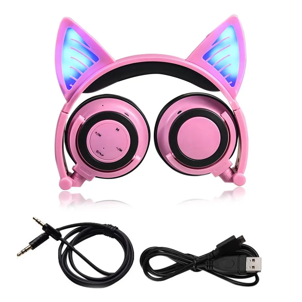 

Складные Bluetooth-наушники с кошачьими ушками для косплея, универсальная Беспроводная стереогарнитура со светодиодной подсветкой, мигающие н...
