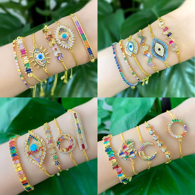 Модные Роскошные радужные AAA фианит циркон кристалл браслет Шарм Rhineston крест глаз