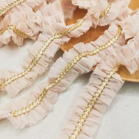1m pleated gold lace trim sewing lace fabric high quality wedding dress lace fabric 4cm applique ribbon crafts materials qz30