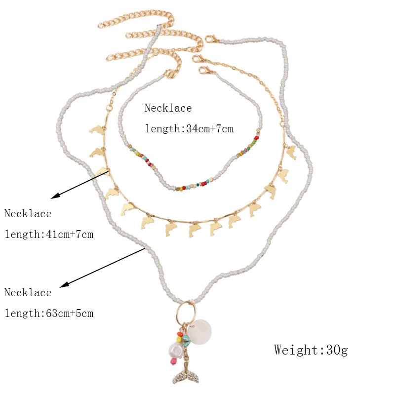 

3 Pcs/Set Boho White Glass Beads Handmade Beaded Chokers Necklaces For Women Gold Metal Chain Fishtail Dolphin Pendant Necklace