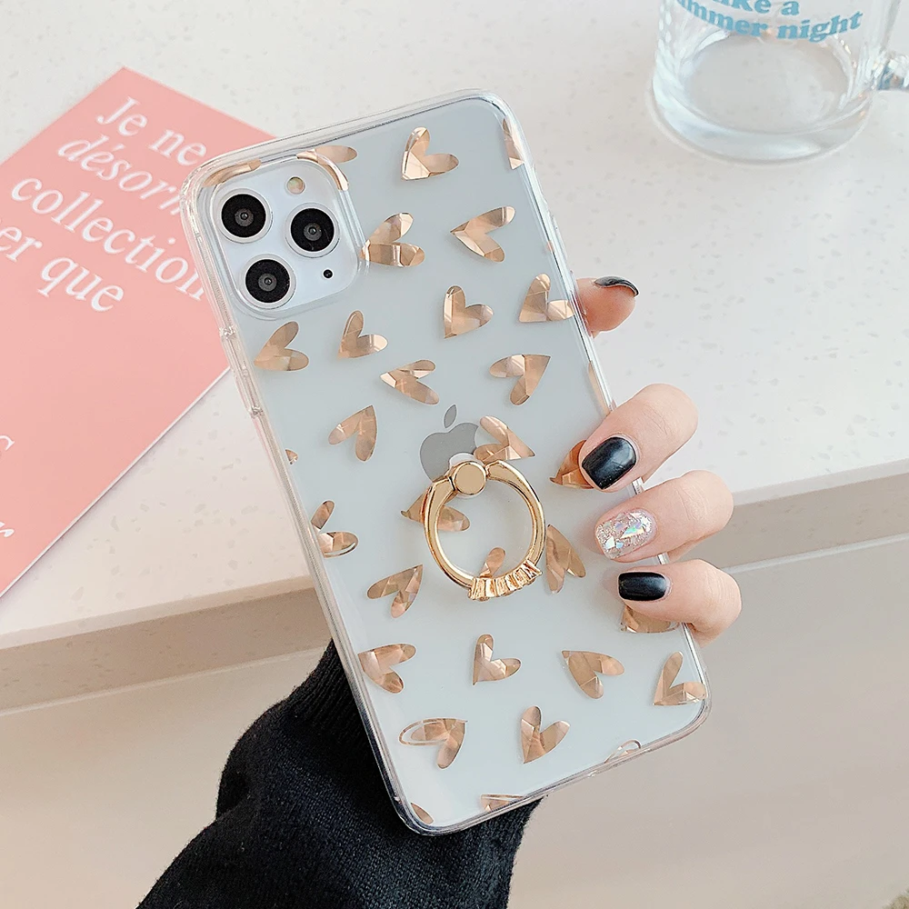 Прозрачный позолоченный чехол с сердечком для iPhone 11 Pro XR XS Max 7 8 Plus роскошный