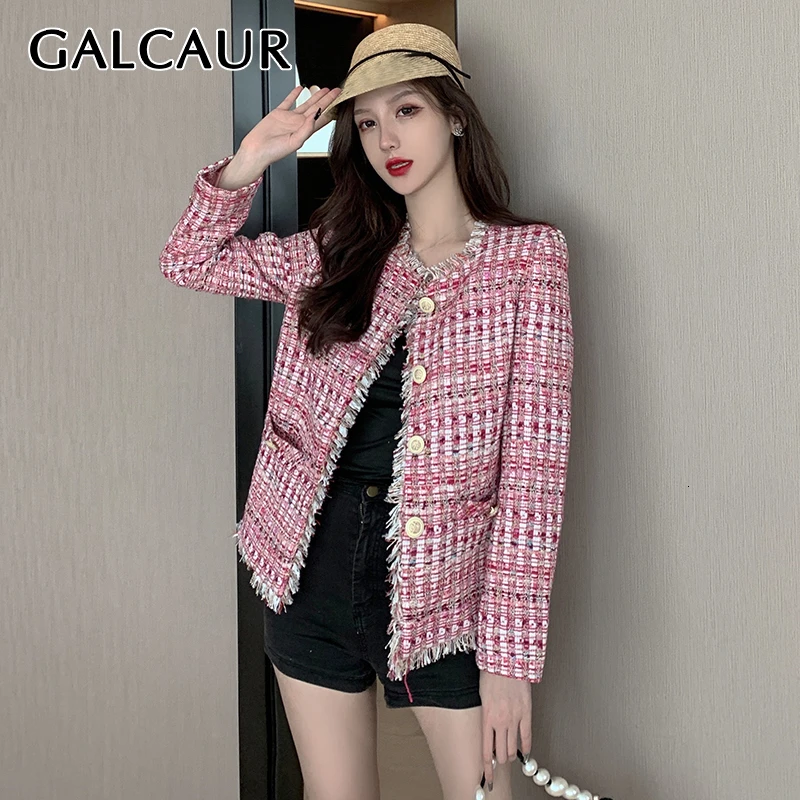 Женская твидовая куртка GALCAUR розовая Свободная в Корейском стиле с круглым