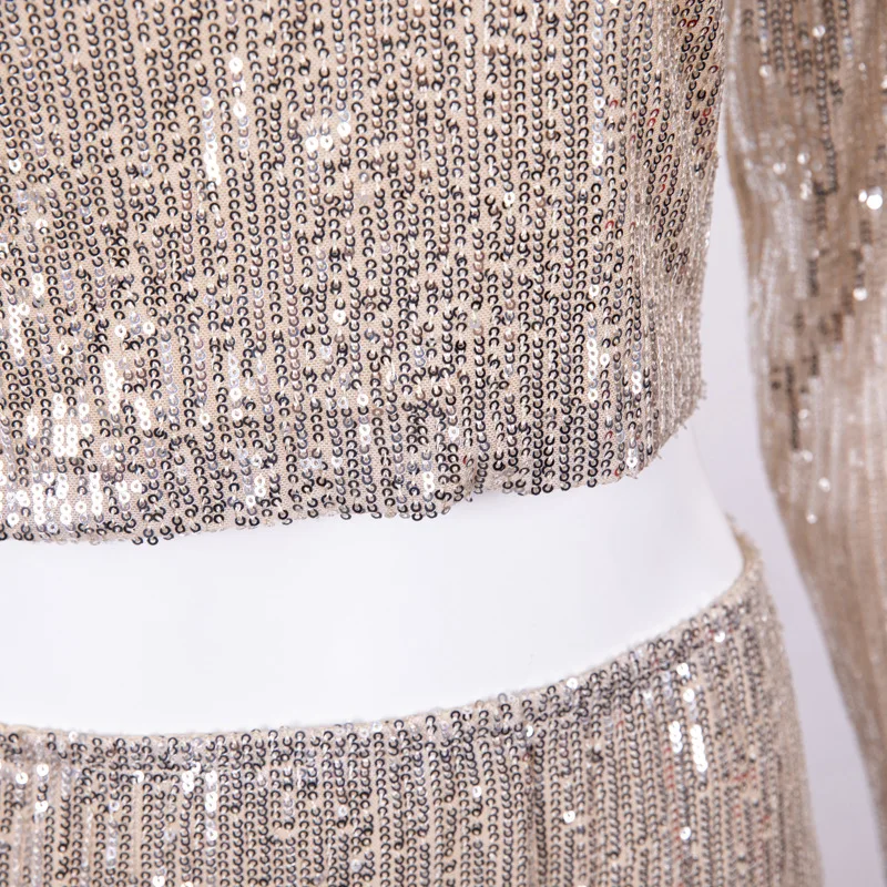 

Women's midriff-baring outfit long sleeve crop tops short mini skirt bodycon slim sequined 2 pieces set