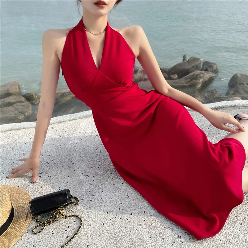 

Summer Halter Sexy Backless Midi Bodycon Red Party Sleeveless autumn fall Dress elegant Beach Holiday Robe tunic frocks
