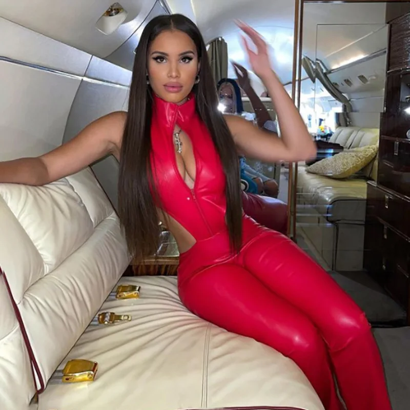 

PU Faux Leather Jumpsuit Women Autumn Sleeveless Jacket Connected Flare Pants Overall Female Hipster Club Attirewear Hot