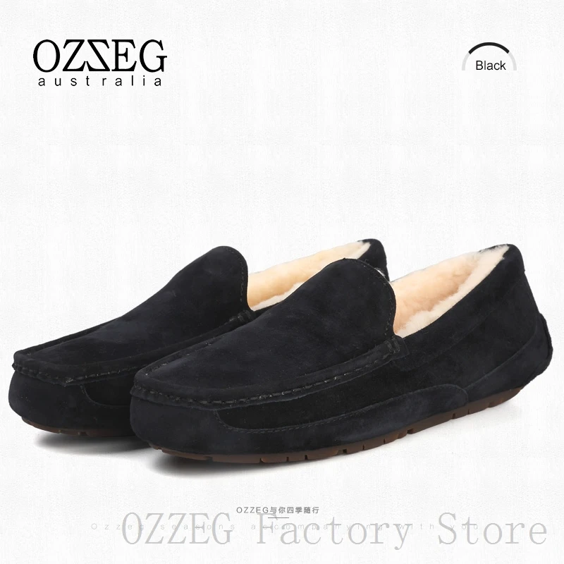 OZZEG; Роскошная брендовая дизайнерская обувь; Мужская зимняя обувь из натуральной кожи на плоской подошве; австралийская подкладка из натуральной овечьей шерсти; лоферы; Повседневная обувь; Мокасины - Цвет: Черный