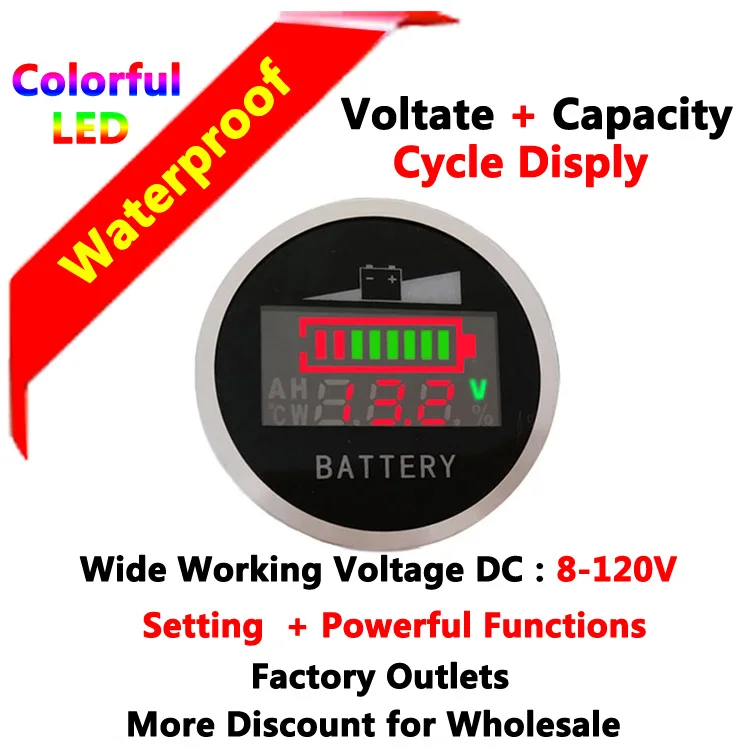 Индикатор емкости свинцово-кислотных и литиевых аккумуляторов для автомобилей и мотоциклов с водонепроницаемым корпусом, алюминиевый сплав, 12В, 24В, 48В, 72В, DC 8-120В.
