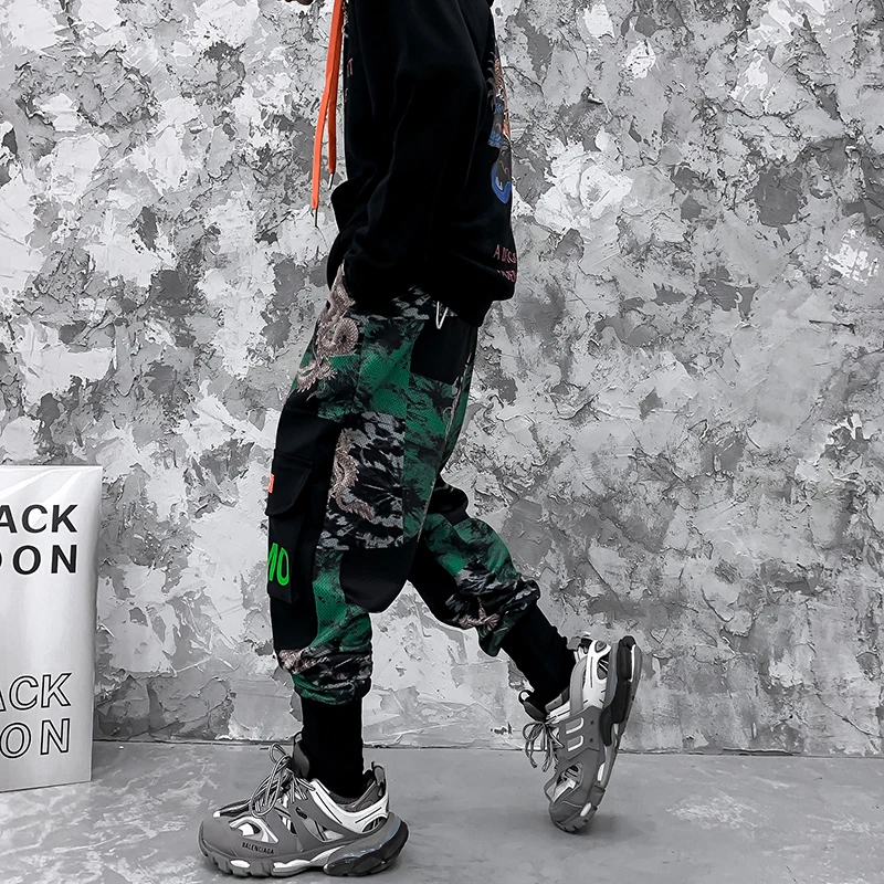 Camo Dragon Print Cargo Harajuku штаны шаровары с несколькими карманами для бега мужские