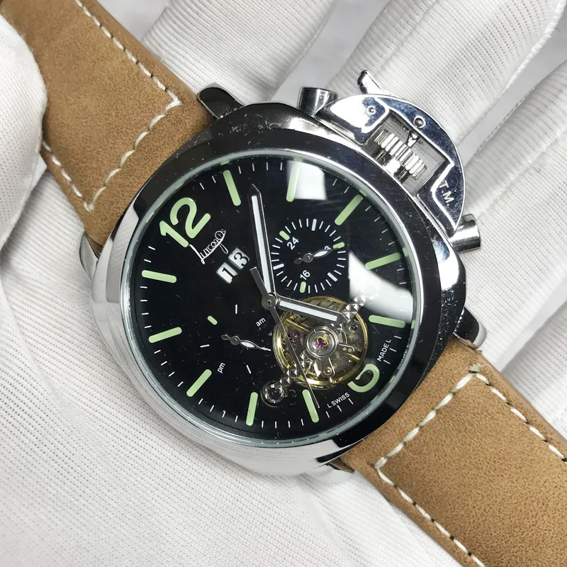 

2021 Silver case black dial Skeleton luxury watch men AAA quality Mechanical self-winding sweeping watches Luminous wristwatches