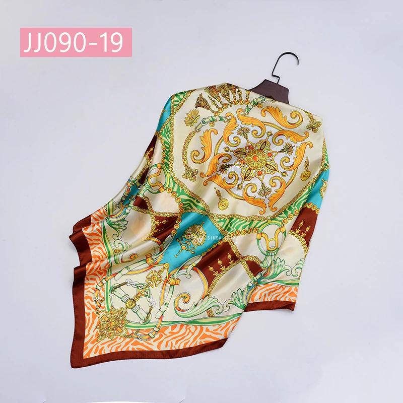 JJ090-19 90*90 см квадратный шарф для женщин, подходит ко всему, элегантные цветочные шарфы для волос, Женская бандана, весна-осень, атласные шелковые шарфы, шаль - Цвет: JJ090-19