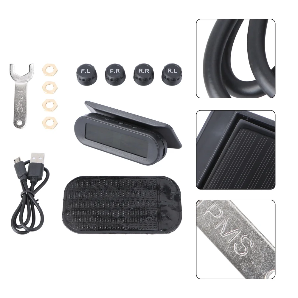 

Internal and External Universal Tire Detection Monitor Wireless Solar Tire Pressure Detector Black (with Battery)