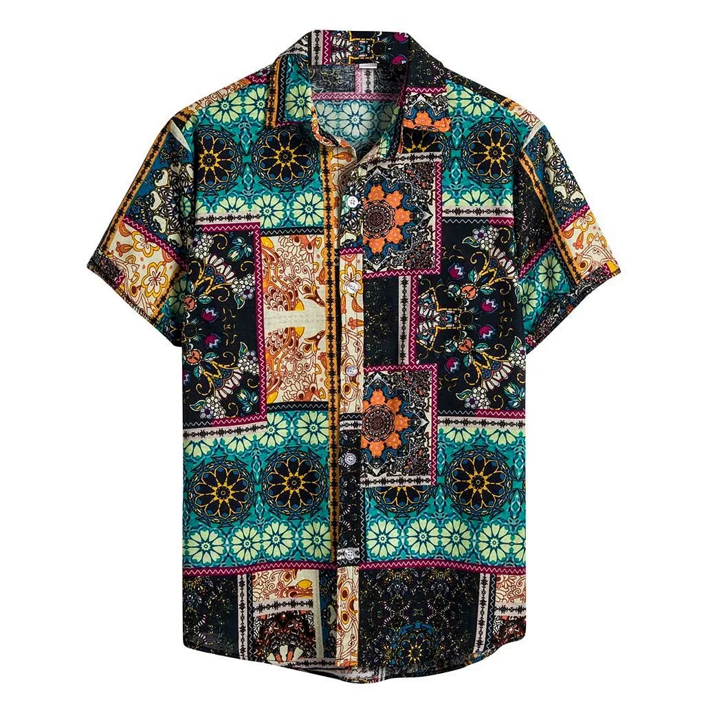 Green Мужские рубашки camisa повседневные этнические с коротким рукавом Гавайские мужские s рубашка с хлопком отложной воротник Мужская Блузка camisa masculina - Цвет: Green