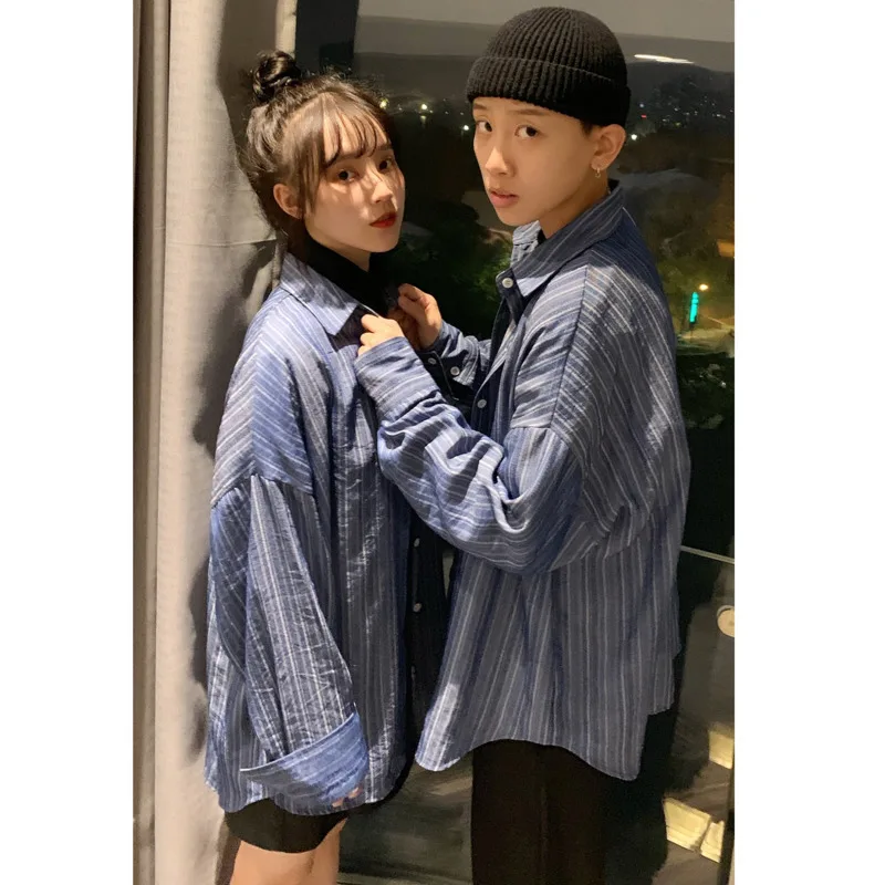 

2020 Spring And Autumn New Youth Silky Fabric Wild Long-sleeved Shirt Fashion Casual Loose Couple Jacket Coat Blue S-XL