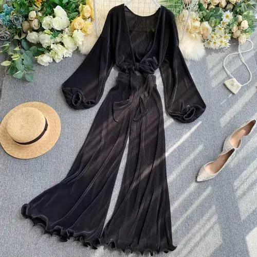 Black Gagagnight модные женские туфли комплект из двух предметов свободные топы с длинными рукавами Блузка Связывание оборками эластичный пояс лодыжки длина - Цвет: Black