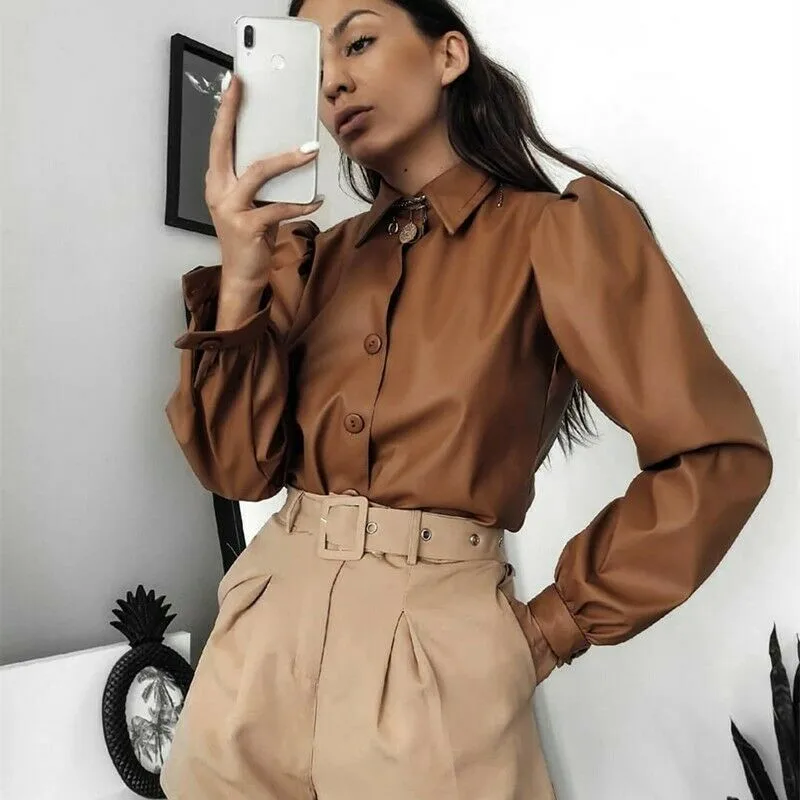Lady Fall Winter Fashion Shirt Faux Leather Clothes Women Ladies Puff Long Sleeve Button-down Collar Office Work Casual Top 2020 | Женская