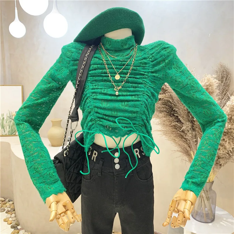 

Новинка, женская одежда, коллекция осень-зима 2021, универсальная Облегающая рубашка с длинным рукавом и воротником-стойкой, кружевная блузка...