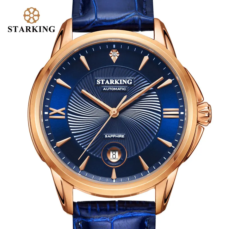 

STARKING Men Watch 5bar Automatic Mechanical Watch Blue Leather Wristwatches Male Business Watch Relogio Automatico Masculino