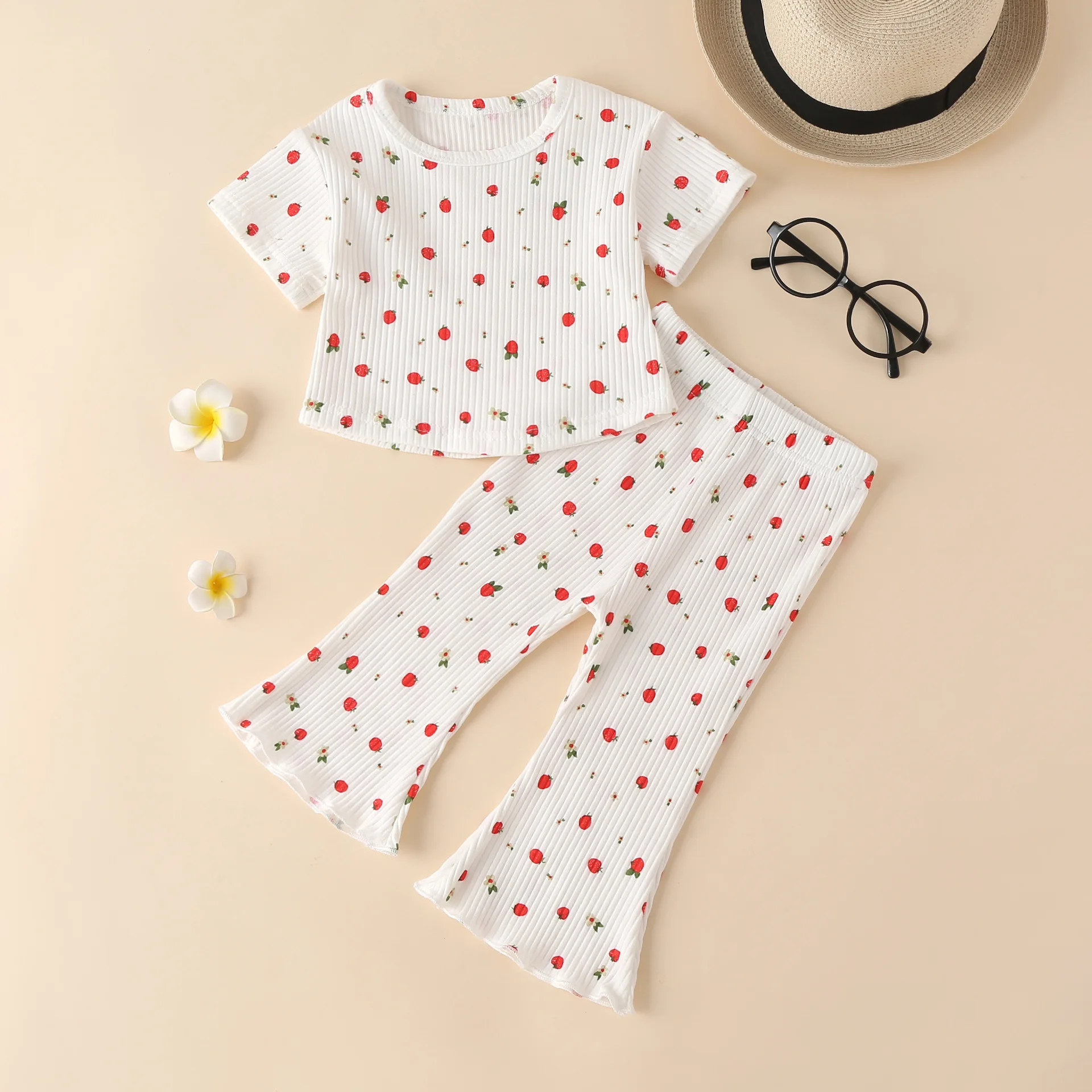 

Newborn Children Girls Summer Clothes Toddler Kids Girls Ribbed Flower Short Sleeve Tops+ Flare Pants Casual Outfits