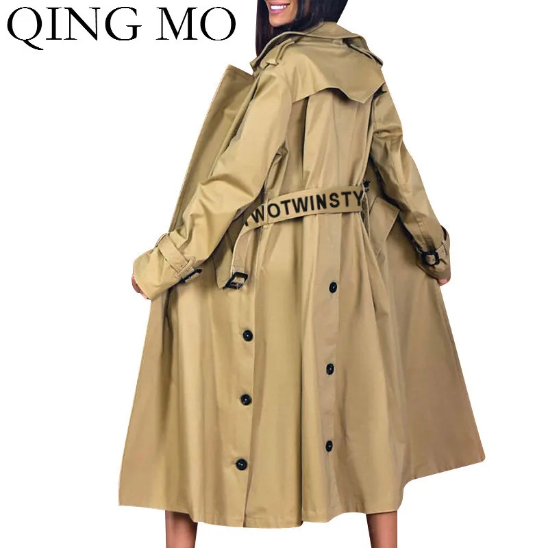 QING MO женское однотонное пальто цвета хаки 2019 осеннее двубортное тонкое с