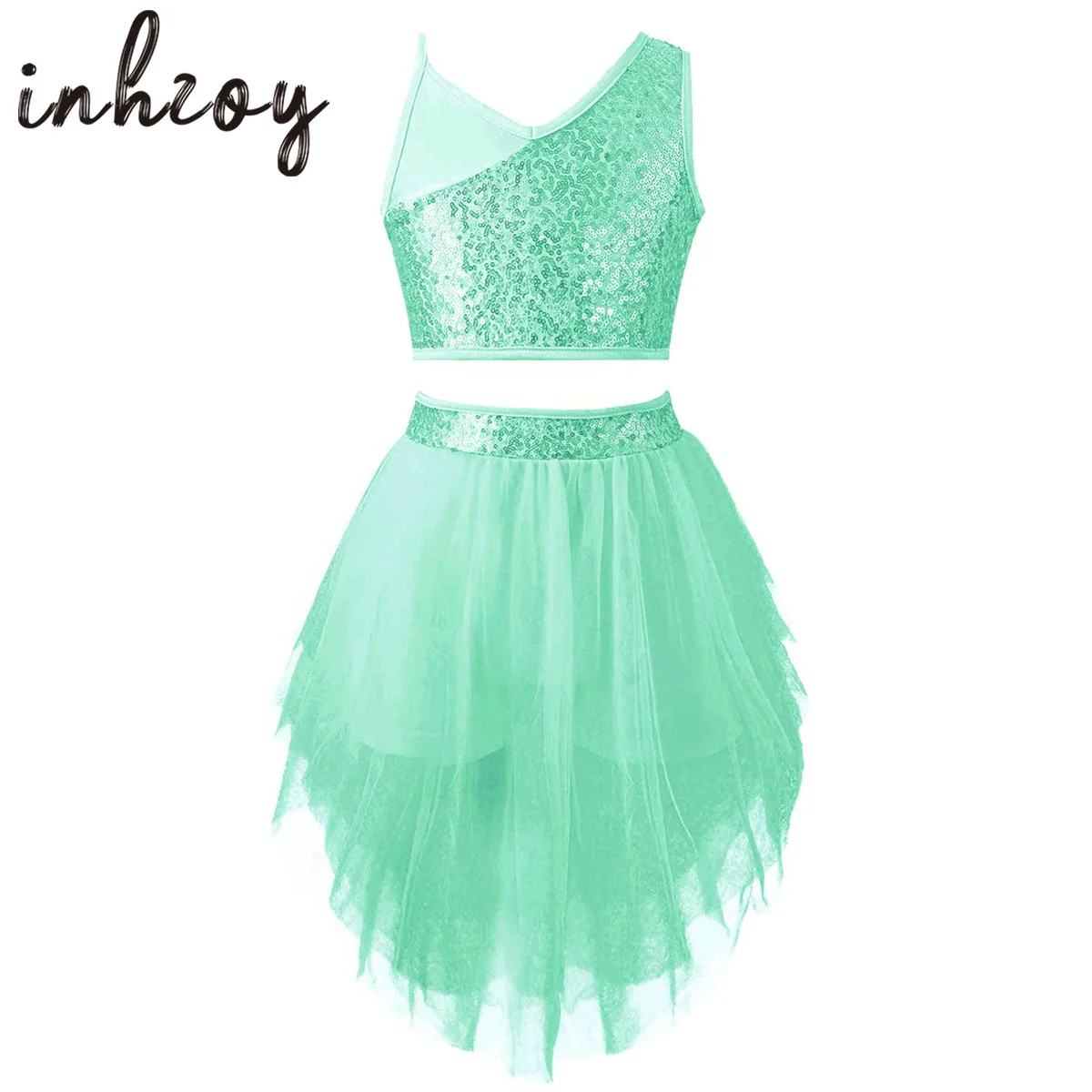 

Kids Girls Sequins Contemporary Lyrical Dance Costumes Gymnastics Top Skirt Set Girls Ballet Tutu Dance Wear