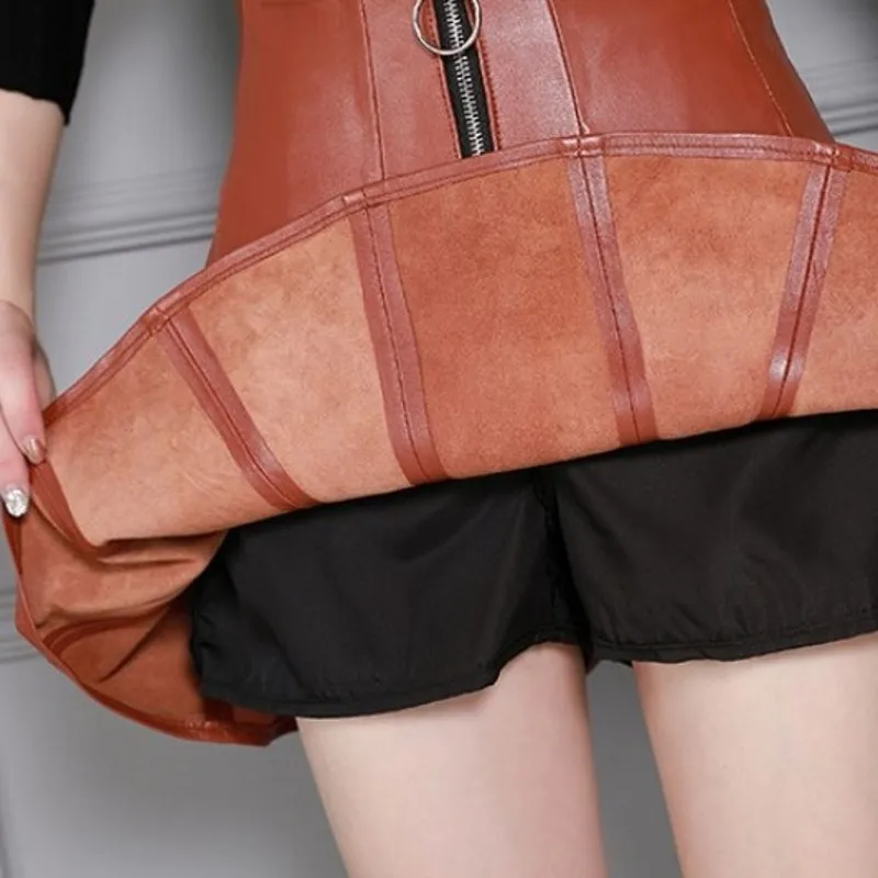 

High Quality Womens New Genuine Leather Vintage Pleated Skirts Zippers Fashion Above Knee Sheepskin Elegant Skirts Size 4XL