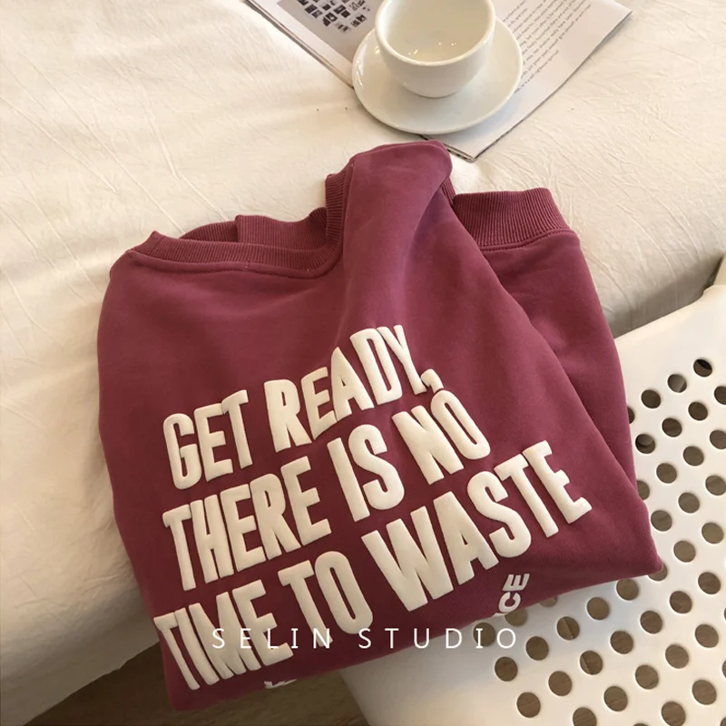 

Popular Raspberry Hoodie Female Early Autumn Korean Style Loose Terry Foam Letter Printed Crew Neck Top