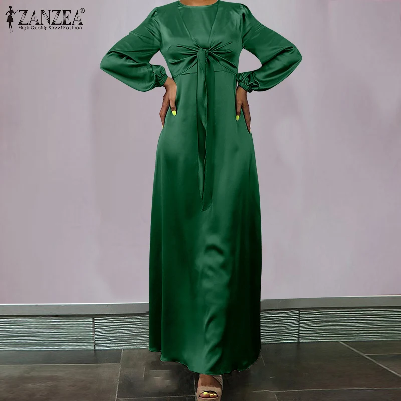 

Women Everning Maxi Dress Party Robe ZANZEA 2021 Spring Autumn Ladies Satin Puff Sleeve Bow Tie Vestidos Casual Solid Sundress