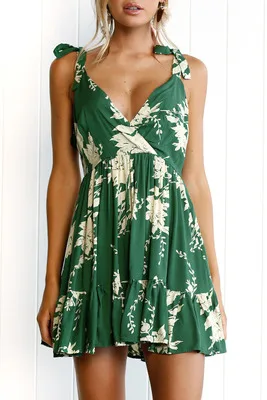 

Women Summer Boho Floral Printed Dress Green Spaghetti Strap Holiday Mini Dress Casual V Neck Backless A Line Vestidos