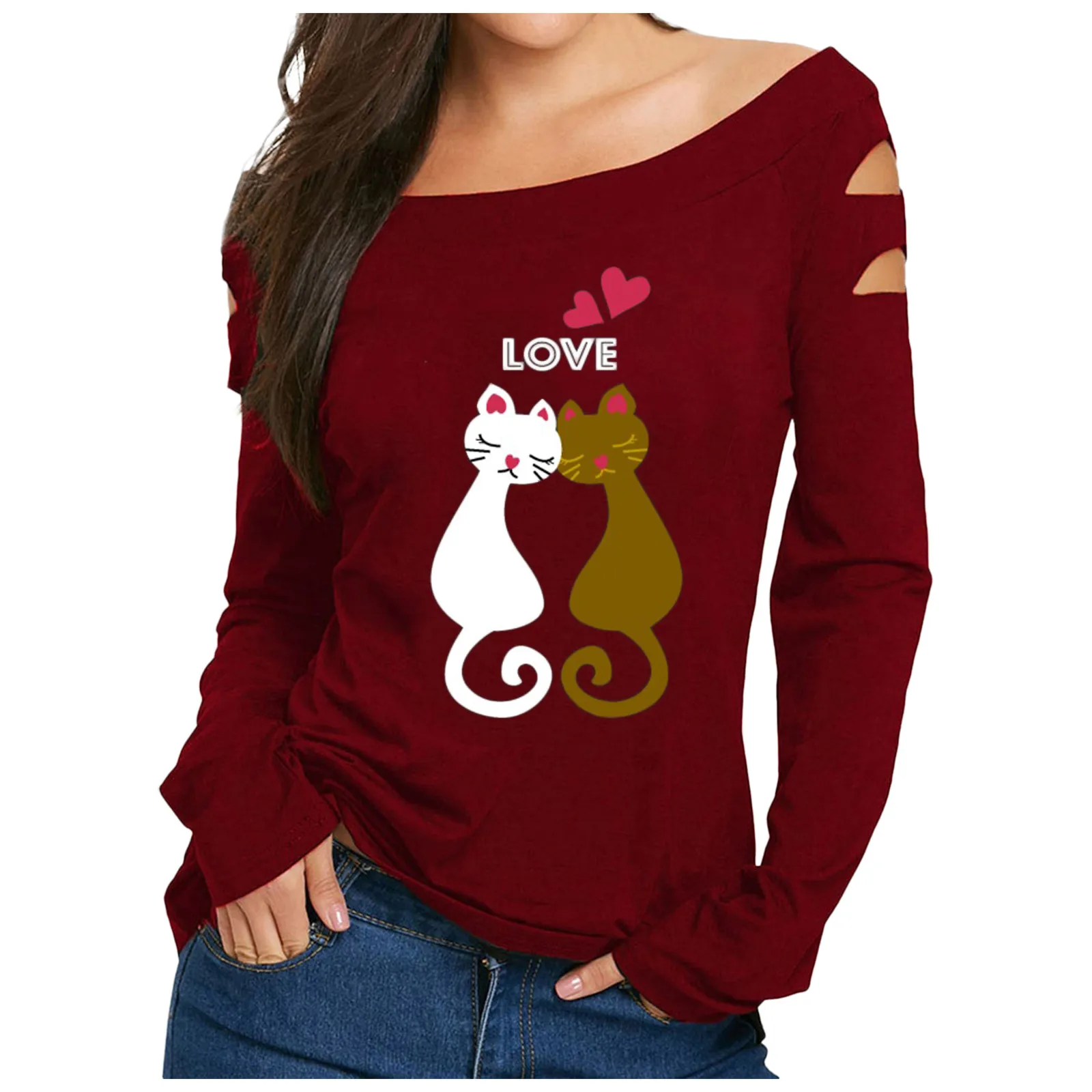 

Letter Love Printing Shirts Couple Women Casual Hole Shoulder Shirt Long Sleeve Tops Ropa Mujer Verano 2021 Sexy Slim Gömlek