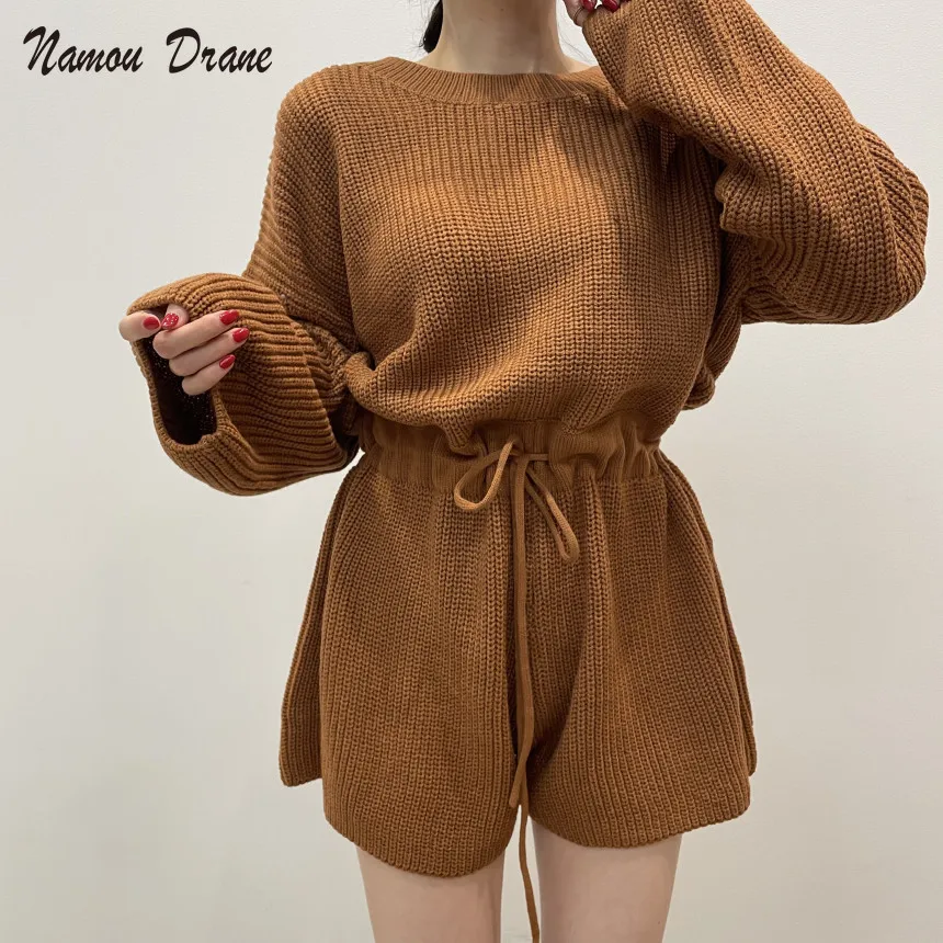 

Korean Version of The 2021 Autumn Lazy Style Solid Color Round Neck Tie Waist Thin Straight Wide-leg Sweater Jumpsuit Shorts