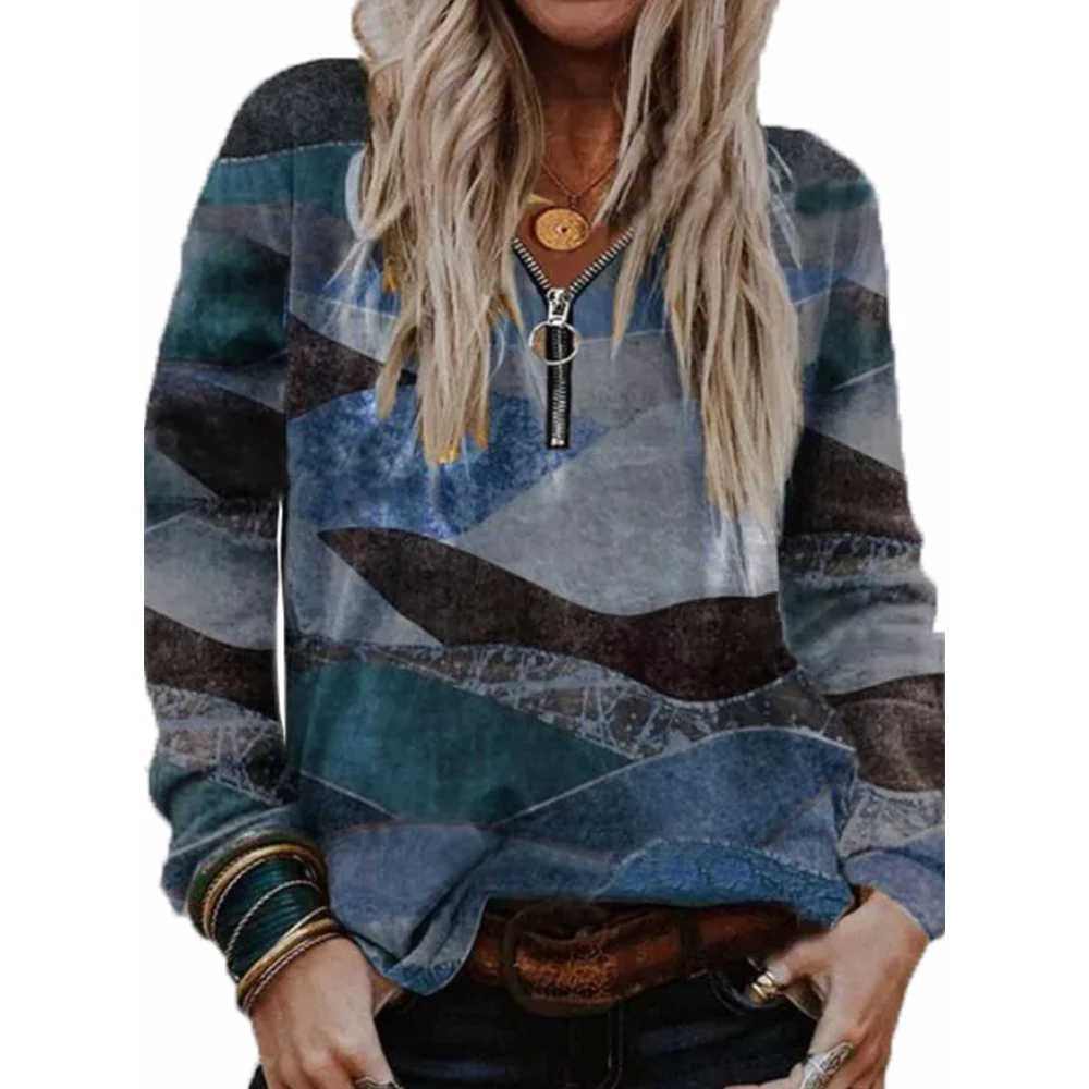 

Autumn Zipper t Shirt Women Long Sleeves Top V Neck Casual Pullover Women Clothing Vintage Female Tops Loose T Shirt