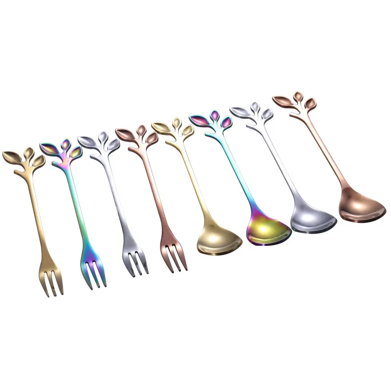 

Stainless Steel Spoon Fork Golden Colored Fruit Fork Tiny Spoon Kitchen Gadgets 2020 Tableware Kitchen Accessories Tiny Spoon
