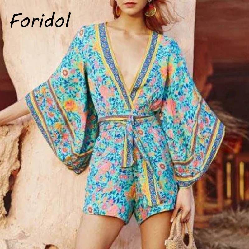 

Foridol Casual Loose Wide Leg Rompers Women Summer Floral Print Boho Playsuit Overalls V Neck Sash Blue Short Jumpsuit 2022