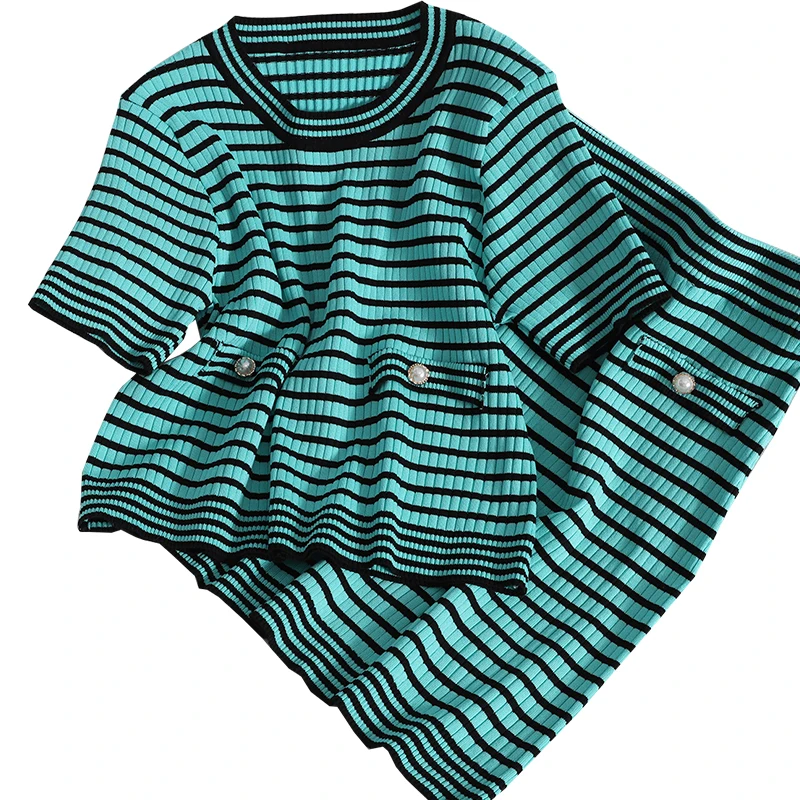 

Kimutomo Spring Summer Stripe Suit Women Korean O Neck Short Sleeve Top + High Waist Skirt Knitted Two Piece Suit Korean Fashion