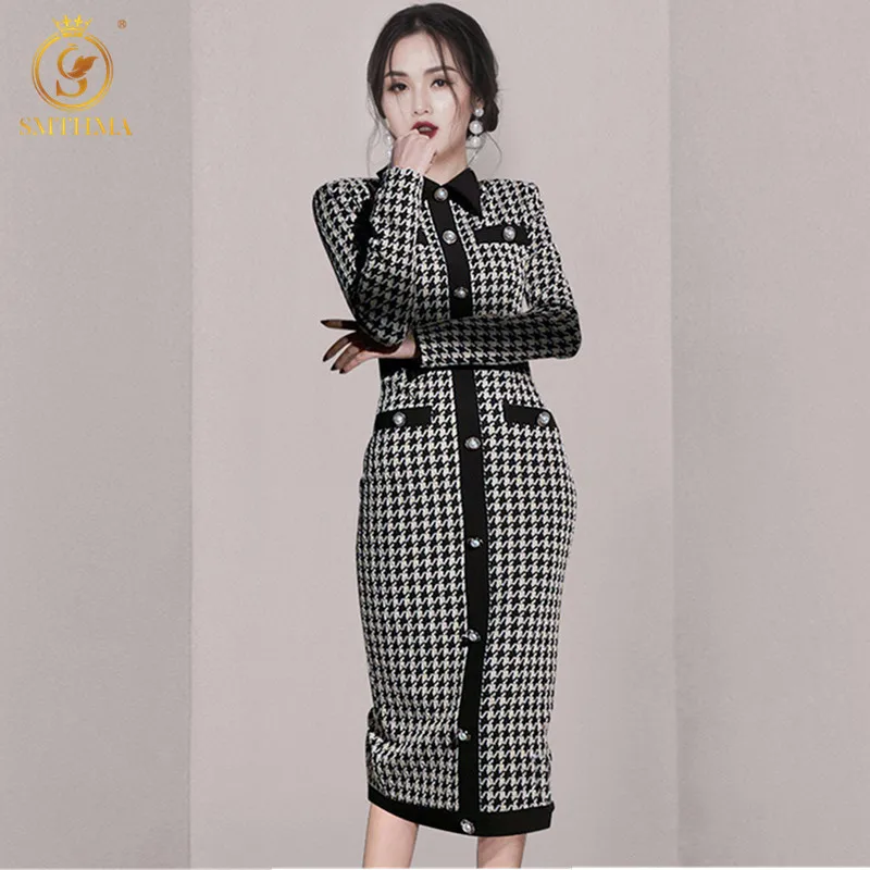 

SMTHMA High-Quality Knitted Woolen Houndstooth Lapel Dress Ladies New Fashion Runway Style Tweed Dress Vestidos