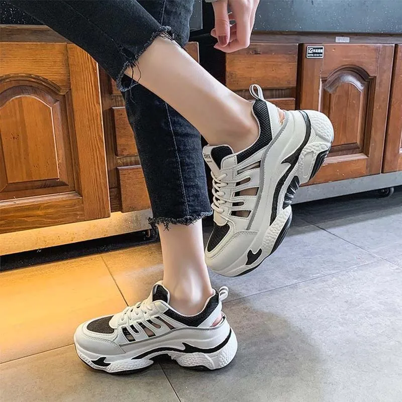 

spring casual shoes woman lace up round toe vulcanize shoes platform sneakers student 5cm bottom comfortable women sandals m104