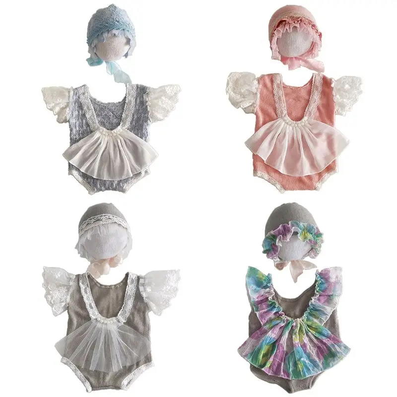 

C5AA 2Pcs Newborn Photography Props Suit Lace Romper + Hat Set Knit Outfits Clothing Infants Shooting Photo Gift