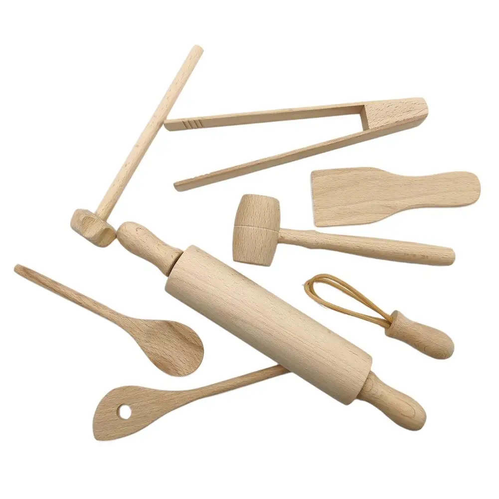 

Play Kitchen Accessories Wooden Kids Cooking And Baking Play Set Kitchen Utensil 8 Pieces Kids Real Baking Tools Whisk Spatula T