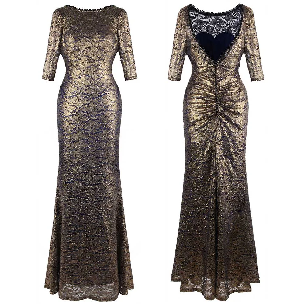 Angel-Fashion/кружевное длинное вечернее платье с короткими рукавами, расшитое бисером, Abendkleid, белое 415 - Цвет: gold 415