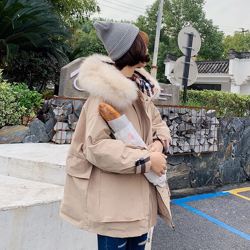 

Nice Winter Plaid Down Jacket Short Fox Real Fur Collar Down Jacket Female Cold Winter Warm Winter Jacket